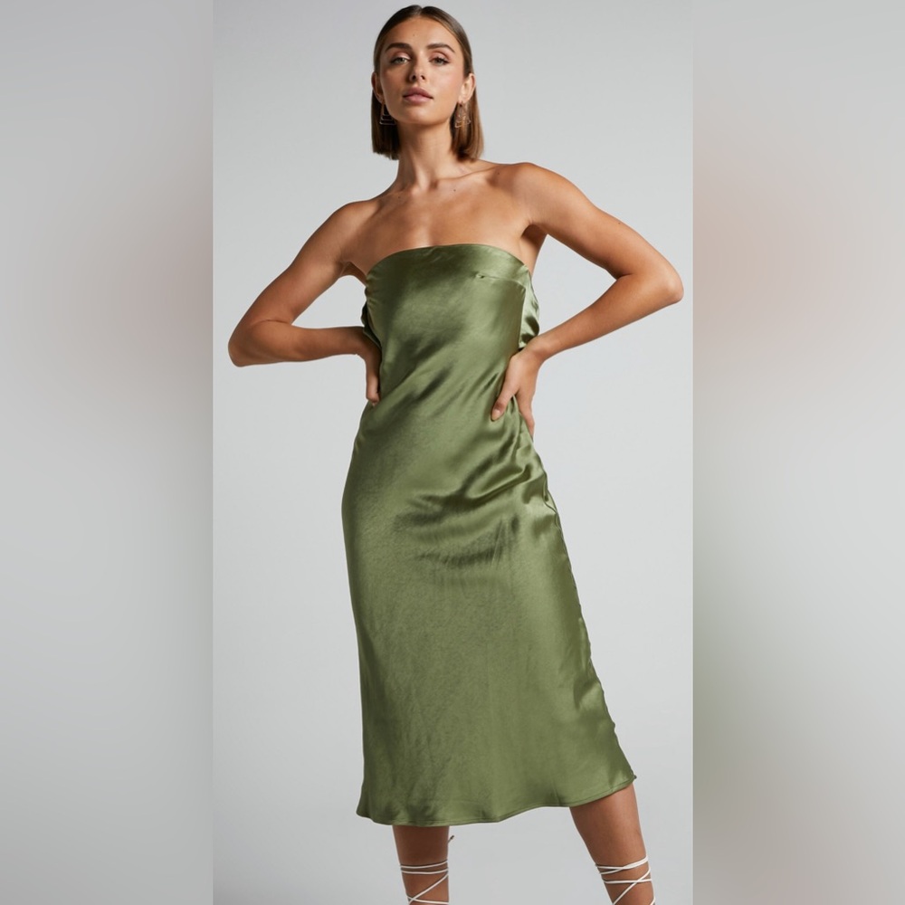 CHARLITA MIDI DRESS - STRAPLESS COWL BACK DRESS IN OLIVE